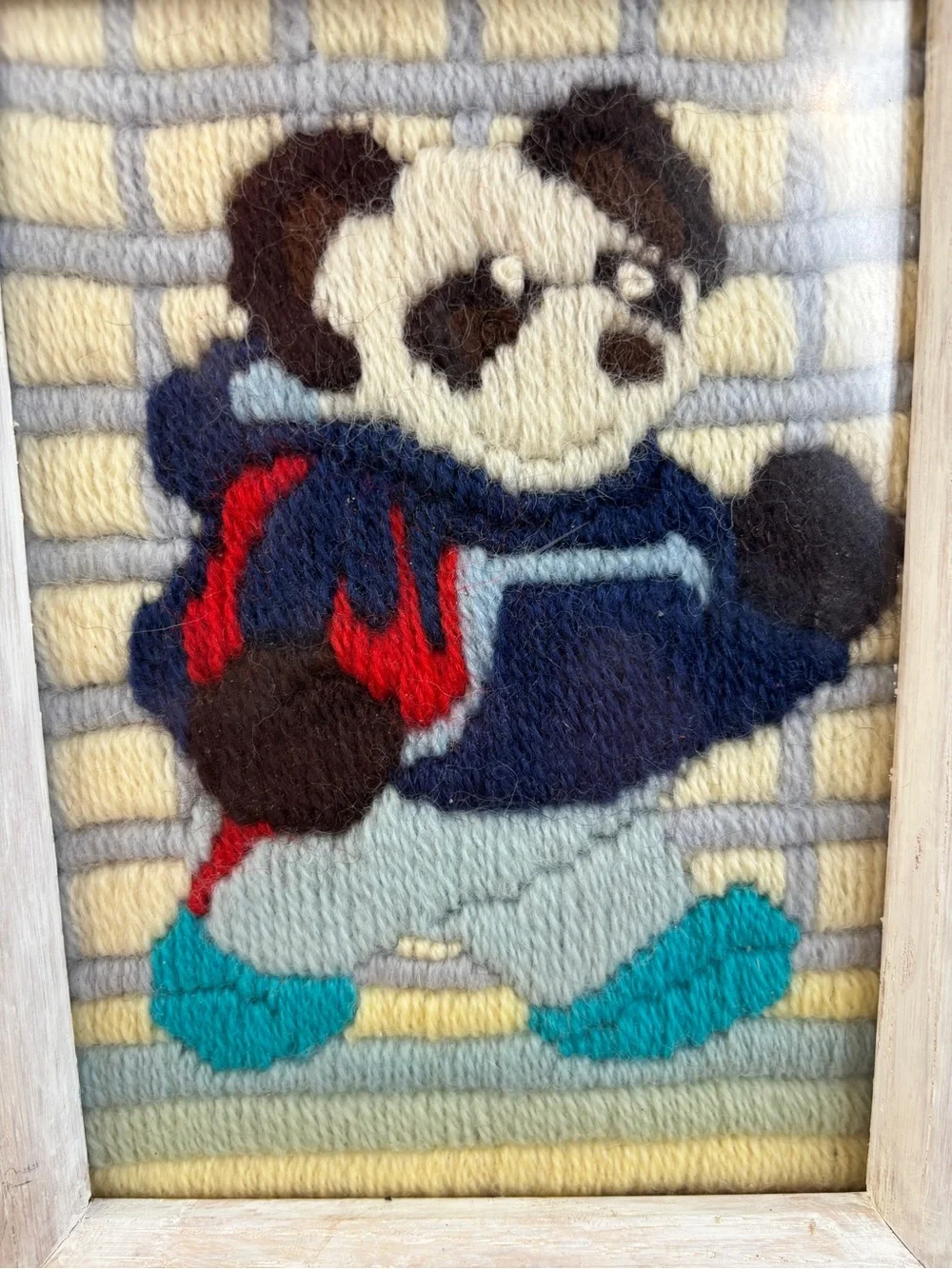 Vintage Handmade Panda‎ Crewel Wall Art - Blue, Teal, Cream and Red